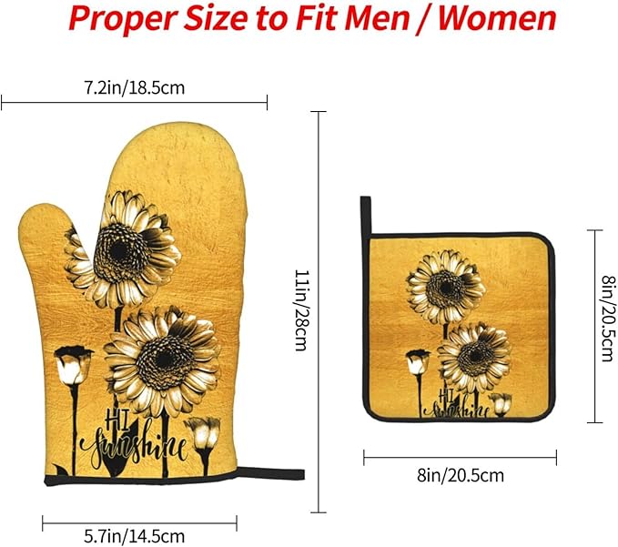 Sunflower Oven Mitts and Pot Holders Sets, Heat Resistant Gold Kitchen Oven Glove for Kitchen BBQ Baking Grilling Cooking, Sunflower Gifts for Women Cooks Bakers Cooking Lover