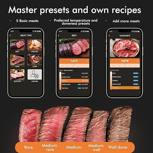 Smart Wireless Meat Thermometer with Thinnest Probe, Magnetic Bluetooth Food Thermometer, Remote Tracking and Real-Time Readings from Apps, for iOS and Android, for BBQ, Grill, Smoker