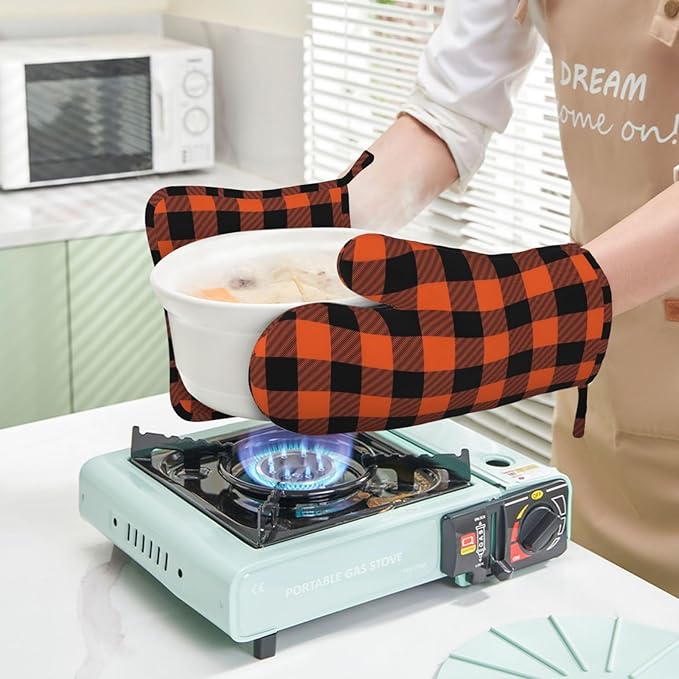 Buffalo Plaid Black and Orange Oven Mitts and Pot Holders Set, 4pcs Silicone Black Orange Plaid Oven Glove for Kitchen Heat Resistant Oven Mitts and Potholders Non-Slip for Cooking
