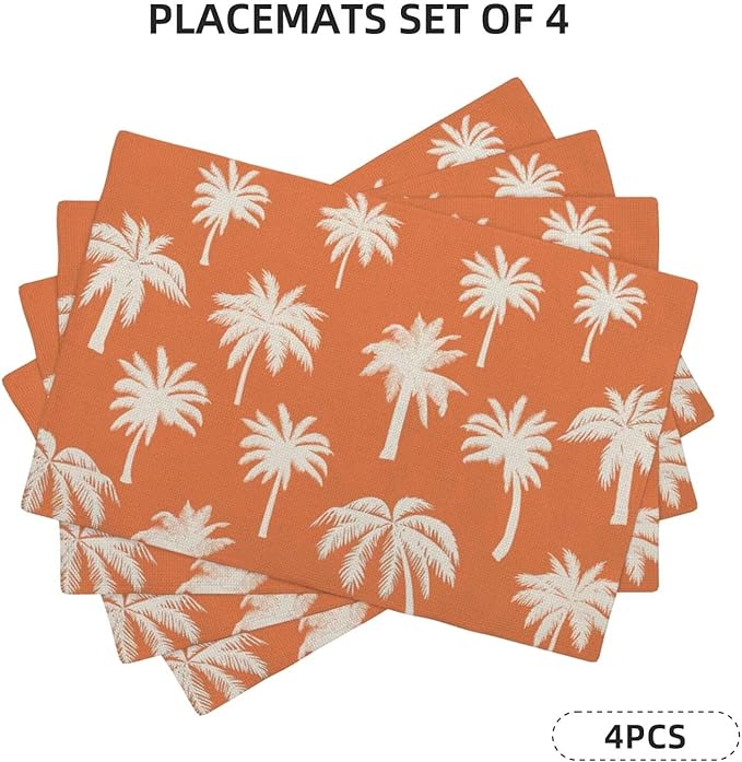 Palm Tree Placemats 12x18 Inch Set of 4, Summer Burnt Orange Table Place Mat Vintage Tropical Washable Table Mats Decorative Linen Fabric Table Mat for Dining Table Decor