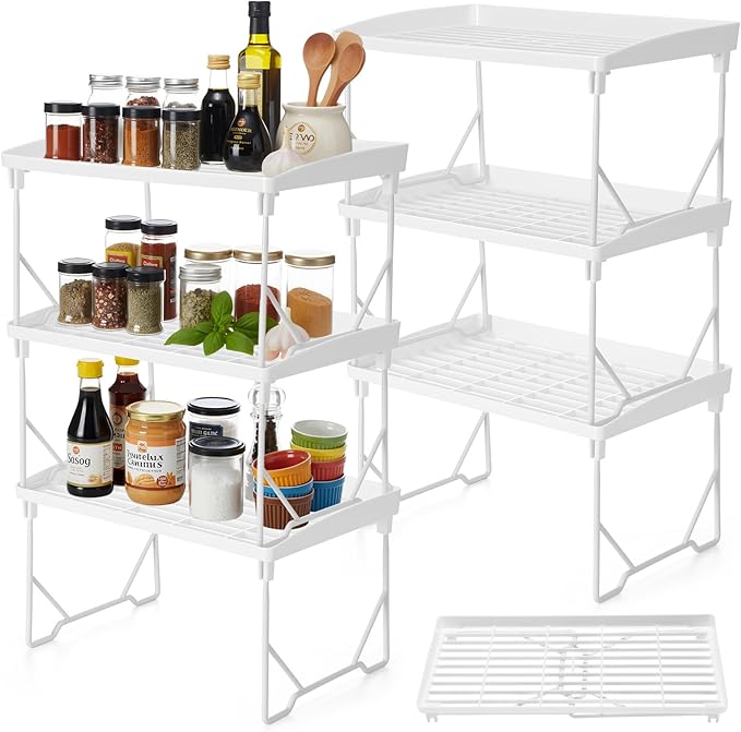 6 Pack Stackable Plastic Kitchen Storage Shelf Foldable Racks, Pantry Shelf Cabinet Organizers, Expandable Storage Rack for Cabinet Fridge Bathroom (12.4 X 7.6 x 6.3,Plastic)