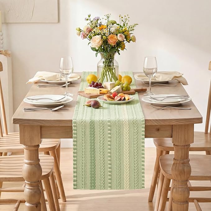 Artoid Mode Sage Green Farmhouse Woven Table Runner, Seasonal Holiday Rustic Kitchen Dining Table Decoration for Home Party Decor 12x90 Inch