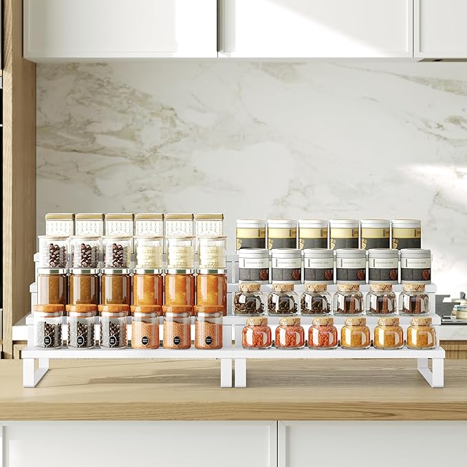 YATINEY Spice Rack, Wooden Display Riser Stand, Set of 2, Perfume Organizer, Vanity Display Stand, Tiered Countertop Organizers, Space Saving, for Kitchen Spices, Syrup, Coffee Mugs, White SR04L2WW