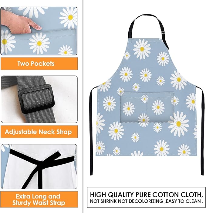 Britimes Apron Home Kitchen Cooking Baking Gardening for Women Men With Pockets Daisies Blue Daisy Flower Sky 32x28 inch