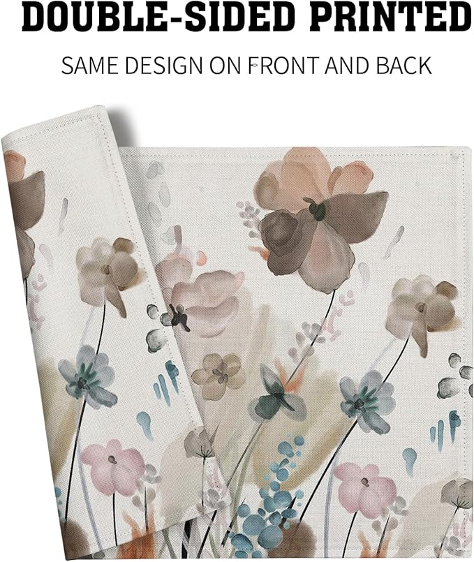 Brown Cream Grey Teal Floral Placemats Set of 4 Watercolor Flowers Place Mats Washable Dining Rustic Abstract Floral Farmhouse Linen Table Mats Stain Heat-Resistant Cloth Table Mat Decor 12x18 in