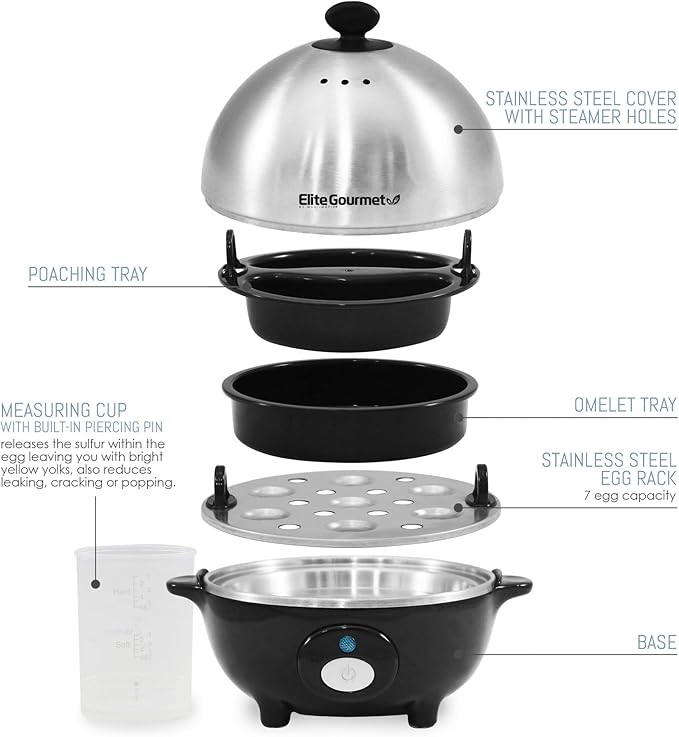 Elite Gourmet EGC-508 Rapid Egg Cooker, 7 Easy-To-Peel, Hard, Medium, Soft Boiled Eggs, Poacher, Omelet Maker, Auto Shut-Off, Alarm, 16-Recipe Booklet, Stainless Steel