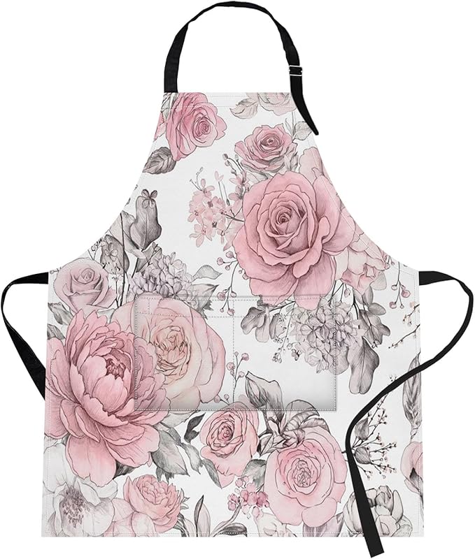 Britimes Apron Home Kitchen Cooking Baking Gardening for Women Men with Pockets Pink Flowers Leaves Watercolor Floral 32x28 inch