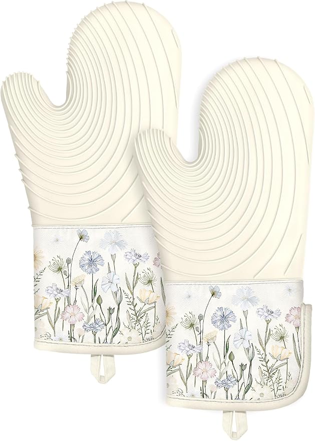 Slohif Long Silicone Oven Mitts Heat Resistant for Women - 2 Pcs Beige Wild Flowers 100% Cotton Oven Gloves, Non-Slip and Waterproof Silicone Oven Mitts with Hanger for Baking and Cooking