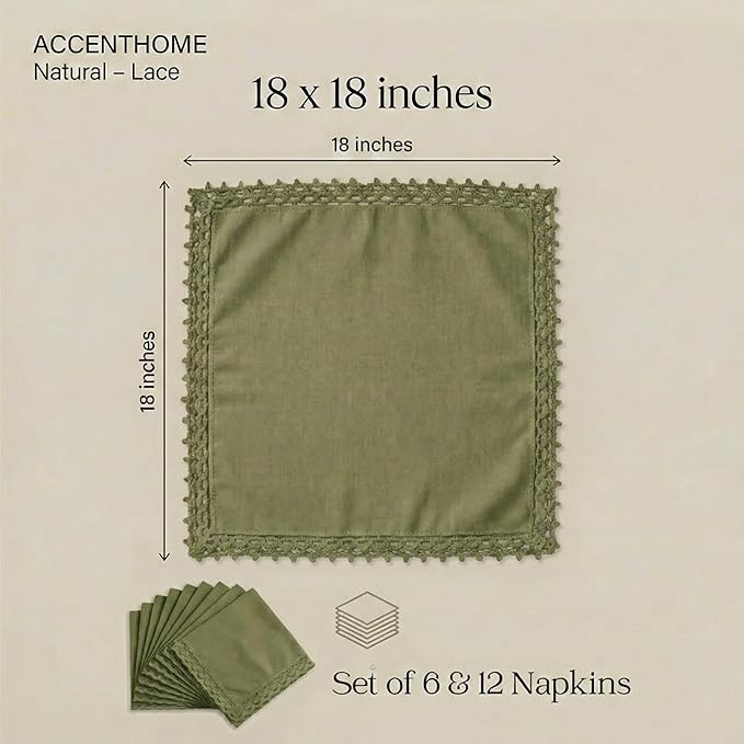 ACCENTHOME Olive Green Cloth Napkins Set of 12 18x18 inch Cotton Dinner Napkins - Washable Soft Premium Hotel Quality Reusable Napkins Perfect Table Napkins for Family Dinners, Weddings & Everyday Use