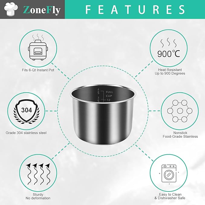 6Qt Power Cooker XL Replacement Inner Pot Stainless Steel Compatible with 6 Quart Power Pressure Cooker PPC770 PPC771 PPC770-1 PRO PCXL-PRO6 YBD60-100 WAL1 WAL2 Stainless Steel Inner Pot Parts - 6 QT