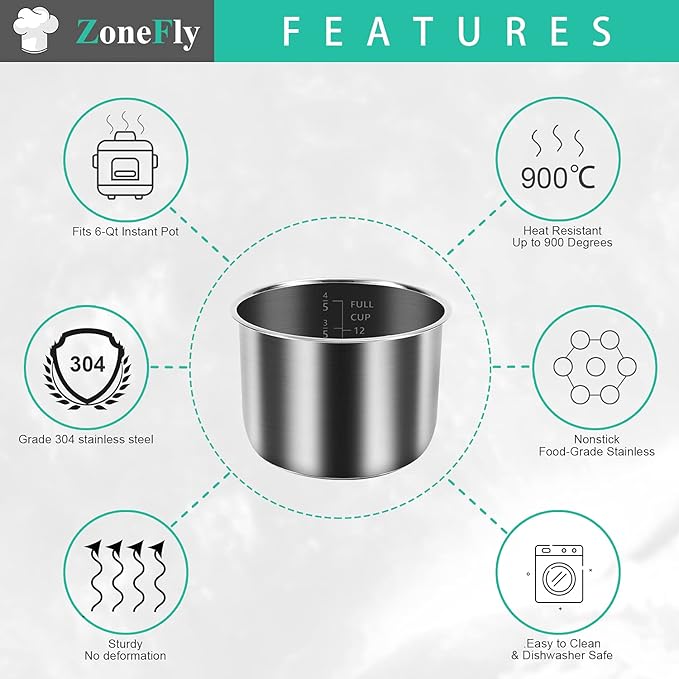 ZoneFly Original 6 Qt Power Cooker XL Replacement Inner Pot with 2 Pack Sealing Ring for Power Pressure Cooker PPC770 PPC771 PPC770-1 PRO PCXL-PRO6 PCTR-16 YBD60-100 WAL1 WAL2