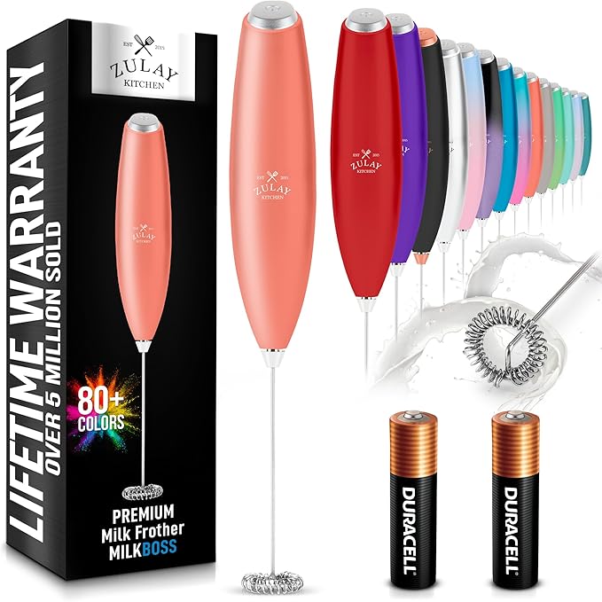 Zulay Kitchen Milk Frother Handheld Electric Whisk with AA Duracell Batteries – Durable Drink Mixer for Coffee, Lattes, Cappuccinos & More - Peach