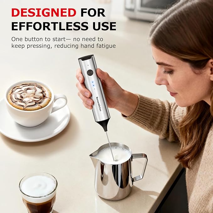 Bonsenkitchen Rechargeable Milk Frother with Stand, 3-Speed Handheld Coffee Frother, Dual Spring Whisk Electric Hand Frother Wand Drink Mixer for Matcha Lattes Cappuccino, Kitchen Gifts