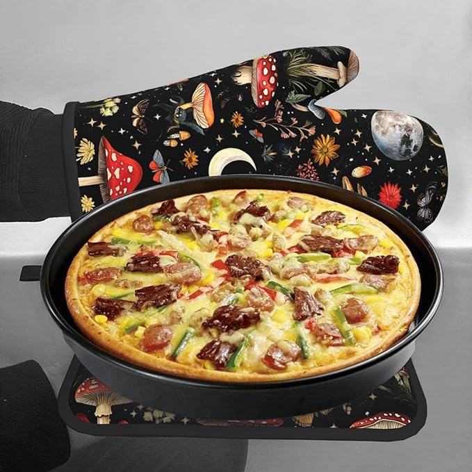 Cute Mushroom Oven Mitts and Pot Holders Sets of 3, Heat Resistant Black Hot Pads Oven Gloves with Hanging Loop for Cooking Grilling Baking, Boho Kitchen Decor, Witchy Gifts for Women Mushroom Lovers