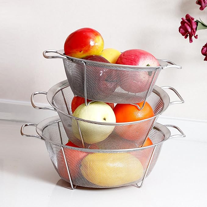 AJIODA Stainless Steel Mesh Colander Strainer Basket, 4 Quart Fine Mesh Net Colander with Heavy Duty Handles & Wide Rim & Resting Feet for Strain, Drain, Rinse, Fry, Steam or Cook Vegetables & Pasta