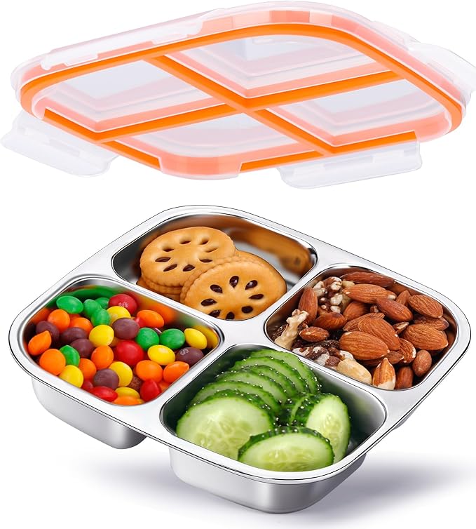 KTKUDY Stainless Steel Snack Container - Divided Bento Snack Box - 4 Compartment Meal Prep Lunch Container for Kids Daycare, School, Work, Travel