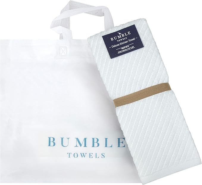 Premium Kitchen Towels (16”x 25”, 6 Pack) | Large Cotton Kitchen Hand Towels | Dish Towels | Diagonal Weave Design | 445 GSM Highly Absorbent Tea Towels Set with Hanging Loop | White