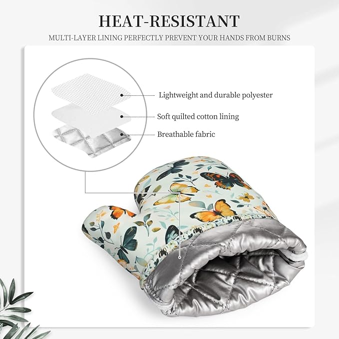 Butterfly Silicone Oven Mitts Set of 2, Heat Resistant up to 500°F, Kitchen Oven Gloves with Non-Slip Grip and Soft Cotton Lining for Baking, Cooking and BBQ