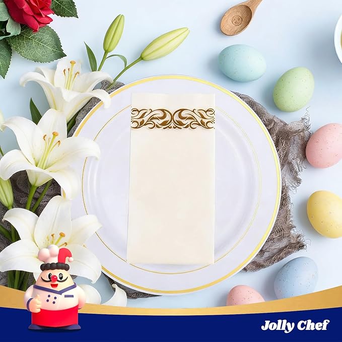 JOLLY CHEF 100 Disposable Hand Towels, Soft and Absorbent Linen Feel Dinner Napkin, Elegant Decorative Paper Guest Towels for Kitchen, Bathroom,Thanksgiving, Weddings,Parties, Gold and White
