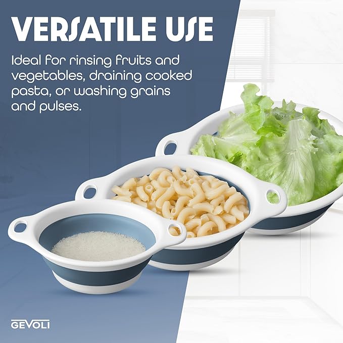 Gevoli Collapsible Colanders (3 Pack Set) Food Strainers with Over-Sink Water Draining Base for Pasta Fruits and Vegetables, White/Blue (3 Sizes, 3QT, 4QT and 5 Quart)