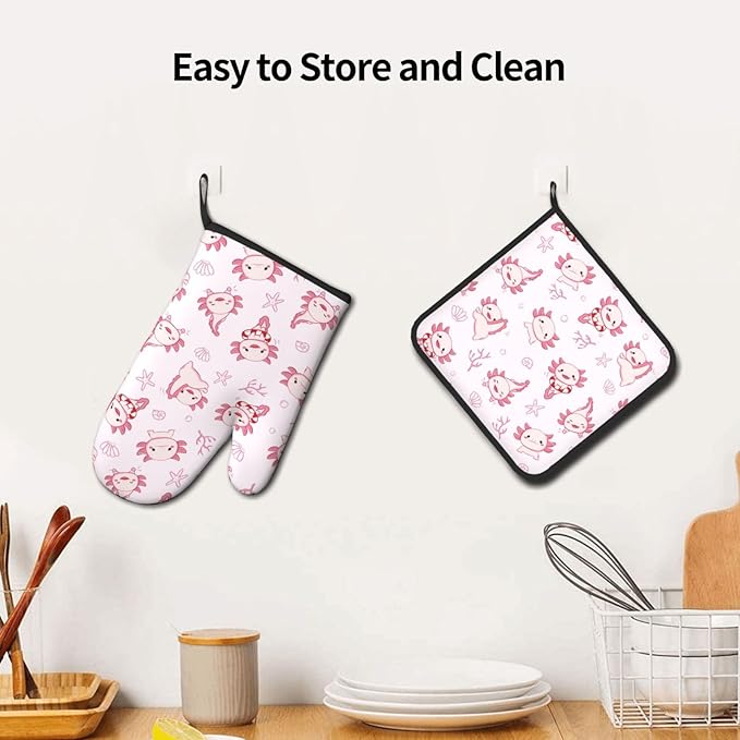 Cute Cartoon Axolotl Oven Mitts and Pot Holders Heat Resistant Oven Mitts Safe for Baking Cooking BBQ