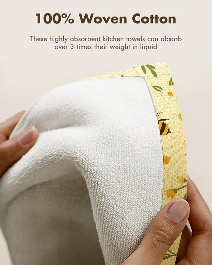 Miss Adola Cotton Kitchen Towels Set of 2 - Cute Design 16×26 Inch Dish Towels for Kitchen with Hanging Loop Bee Quick Dry Hand Towels Soft & Absorbent, Home Decorative,Terry Cloth Tea Towels
