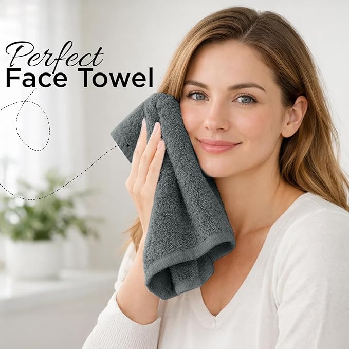 DAN RIVER 12-Pack Premium 100% Cotton Gray Face Towels for Bathroom - Reusable Face Wash Cloths for Showering 12x12 Inches - 550 GSM Super Soft & Absorbent Luxury WashCloths for Body, Spa & Gym