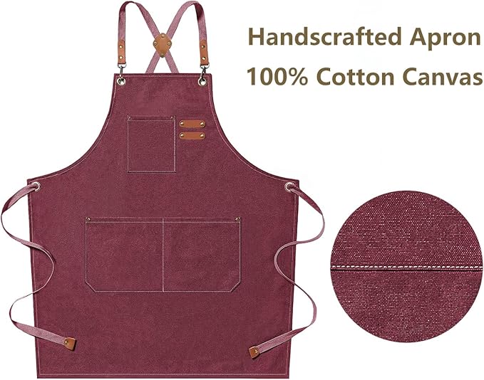 AFUN Chef Aprons for Men Women with Oversized Pockets, 16-Ounce Cotton Canvas Cross Back Heavy Duty Work Apron (Dark Red)