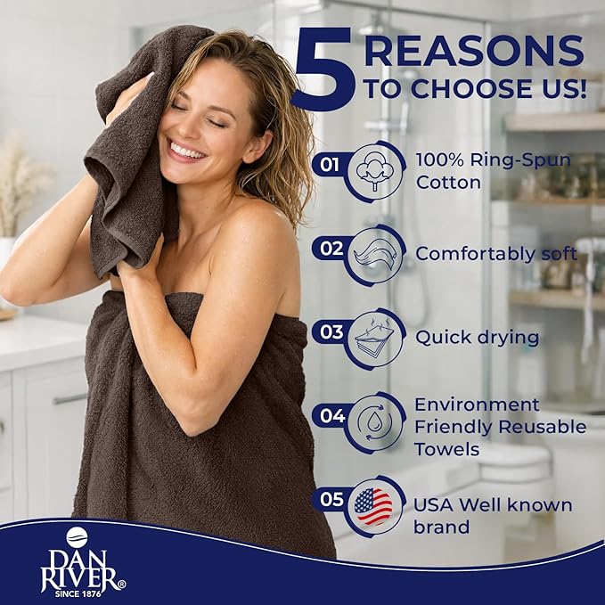 DAN RIVER 8 PC Luxury Bath Towels for Bathroom, 2 Bath, 2 Hand, and 4 Wash Cloths, 600 GSM 100% Ring Spun Cotton Towel Set, Highly Absorbent, Gym, Hotel, and Spa, Brown