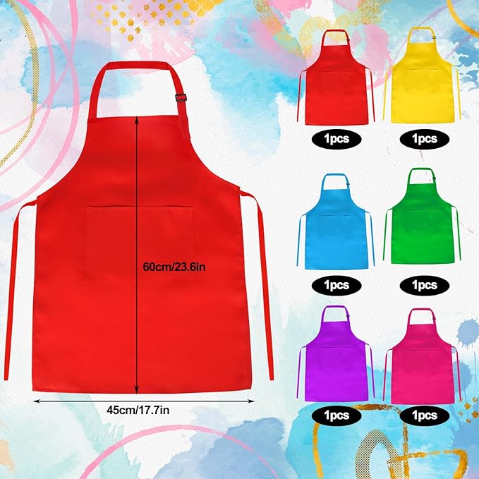 PLULON 6 Pcs Kids Aprons with 2 Pockets Painting Aprons for Kids Aprons Bulk, Paint Apron Adjustable Children Chef Aprons for Girls Boys Painting Baking Cooking Crafting - 6 Colors