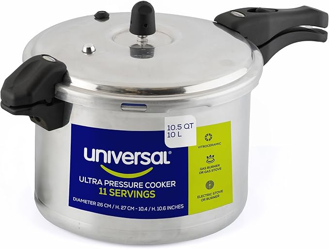 Universal (10.5 Quart / 10 Liter) Ultra Pressure Cooker, Pressure Pot with 6 Safety Systems, Aluminum Pressure Cooker for 11 Servings, Even Heat Distribution, Diameter 10.4 inches, Height 10.6 inches