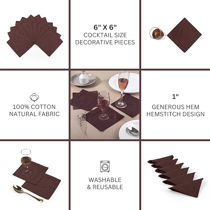 FINGERCRAFT Cocktail Napkins 6 x 6 Inch Premium Quality Cotton, Generous Hemstitch and Mitered Corner Set of 12 Coaster Cloth Chocolate