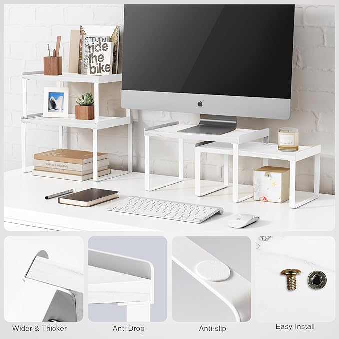 Goozii White Marble Kitchen Counter Shelf Organizer, Modern Dish Plate Organizer for Cabinet Space Saver, Small Wood Stackable 2 Tier Office Desktop Shelf Risers for Books Monitor - Set of 4