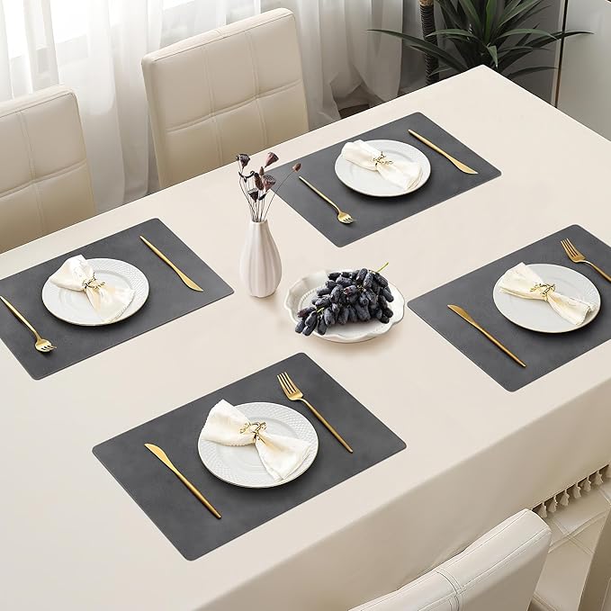 Roxifina Faux Leather Placemats Set of 6 - Vinyl Placemats Wipeable Waterproof Oil-Proof PU Place Mats Heat Resistant Reversible Table Mats for Dining, Kitchen, Outdoor, 12 x 17 Inch (Washed Black)