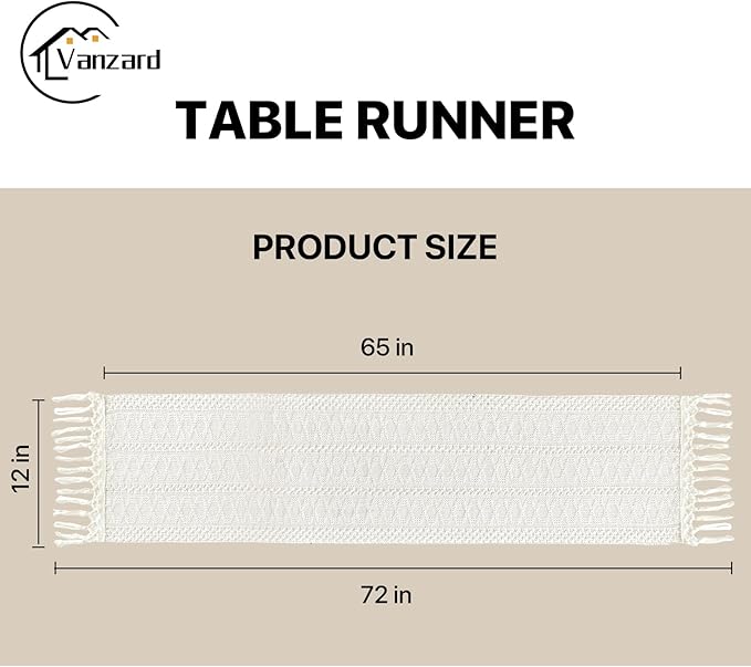 Macrame Table Runner Cream Beige Boho Table Runners with Tassels 72 Inches Long, Rustic Farmhouse Table Runners for Living Room Bridal Shower(12x72in, Fringe Included )