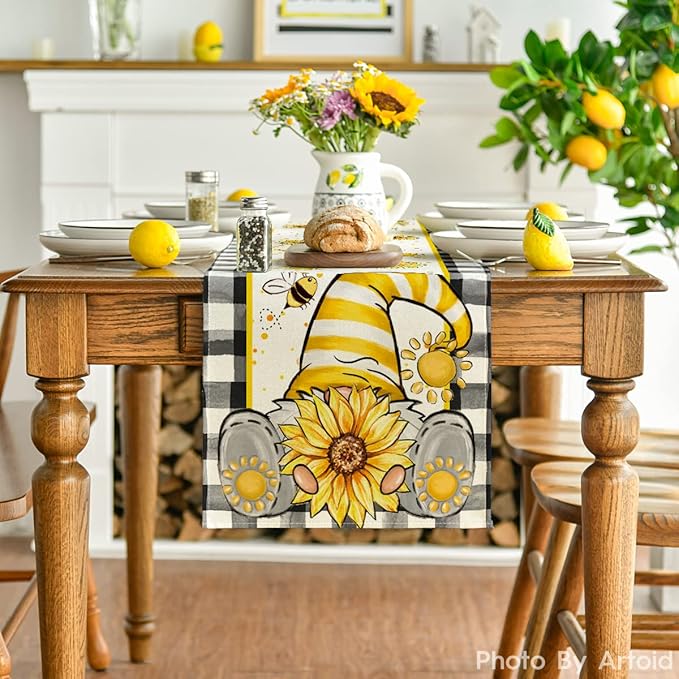 Artoid Mode Buffalo Plaid Sunflower Gnome Bee Summer Table Runner, Seasonal Spring Kitchen Dining Table Decoration for Home Party Decor 13x48 Inch