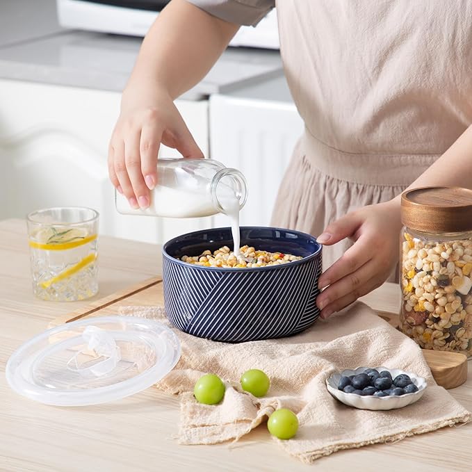 Large Ceramic Bowls with Lids: 32 oz Microwave Safe Food Storage Containers for Soup Salad Meal Prep Lunch Picnic Camping - 6 Inch, Set of 4 (Navy)