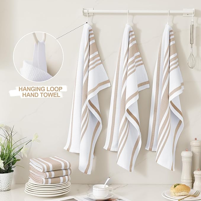 Homaxy Premium Kitchen Towels 18”x 28”, Large Cotton 380 GSM Kitchen Hand Towels, Stripe and Terry Dish Towel, Highly Absorbent Tea Towel Set with Hanging Loop, 8 Pack, Khaki