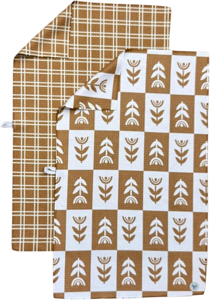 2 Pack || Double Sided|| Not Your Ordinary Kitchen Towels || Dish Towels || Quick Dry || Waffle Weave Microfiber || Designer Prints || Highly Absorbent || Hanging Hook (tan Checkered)