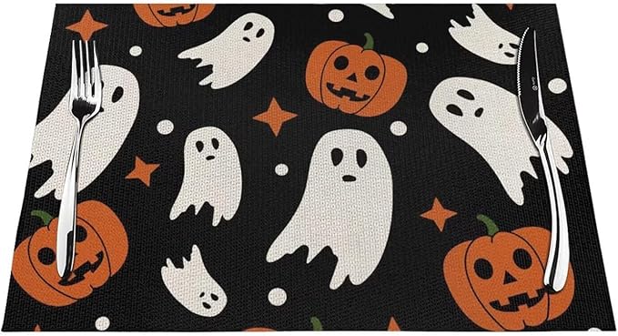 Halloween Orange Pumpkin Placemats 12x18 Inch Set of 4, Black and White Ghost Table Place Mat Autumn Cute Lantern Face Washable Table Mats Decorative Linen Fabric Table Mat for Dining Table