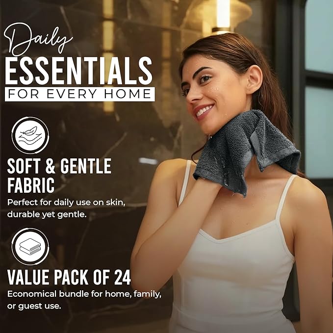 RIVERSIDE Pack of 24 Wash Cloths for Showering, 12 x 12 Inches, Super Soft & Absorbent, 100% Cotton Washcloths Premium Quality Flannel Face Cloths for Bathroom, Gym, Spa (Gray, 24 Pack)