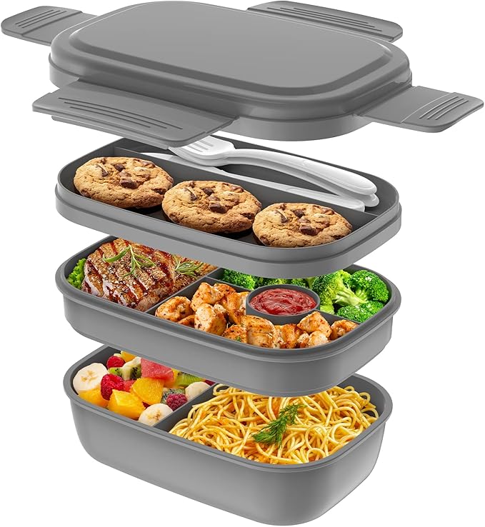 HOMETALL Bento Box Adult Lunch Box,3 Stackable Bento Lunch Containers for Adults/Kids, Modern Minimalist Design Bento Box with Utensil Set, Leak-Proof Lunchbox for Dining Out, Work, Picnic, School