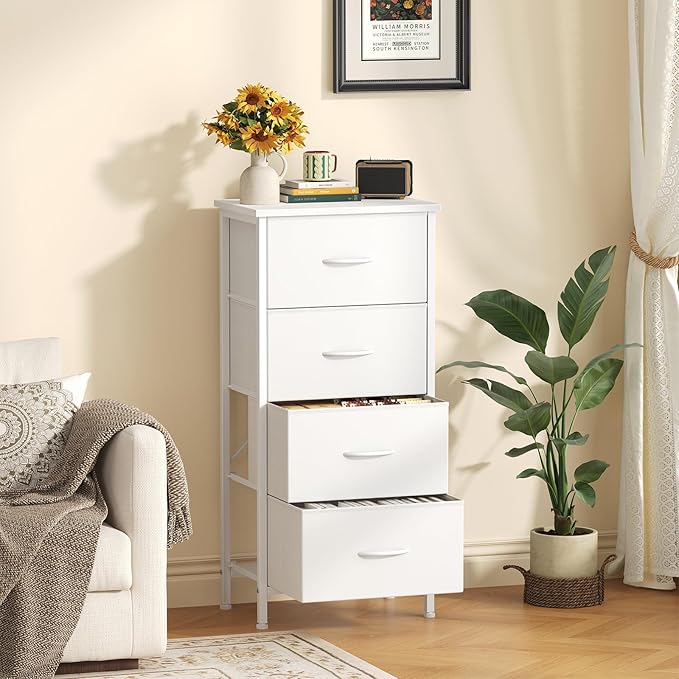 Sweetcrispy 4 Fabric Drawer Small Dresser, Bedside Nightstand with Wooden Top Sturdy Frame, Entryway Closet Bedroom Storage Cabinet Furniture for Dorm,White