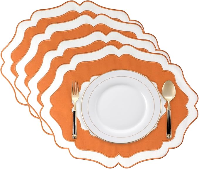 Embroidery Cotton Linen Placemats Set of 4, HADEEONG Table Mats Cloth Placemats, Washable Wrinkle Resistance, Double Layer Scalloped Fabric Placemats, 17.7 x 13.4inch (White with Orange, 4)
