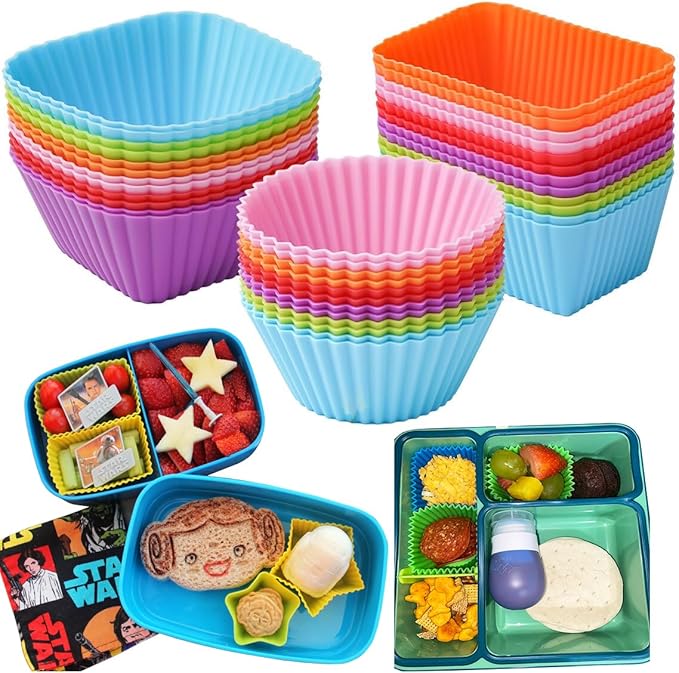 Doiaz Silicone Bento Lunch Box Dividers 3 Shapes of Standard Round & Square & Rectangle - Reusable Silicone Cupcake Liners Non-Stick Muffin Cups for Baking