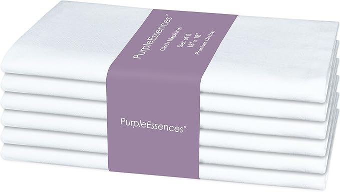 PurpleEssences Set of 6 Cloth Dinner Napkins 100% Cotton 18x18 Inch - Soft Durable Washable - Ideal for Farmhouse Party Spring Easter Summer - Perfect Everyday Use Table Linen - White