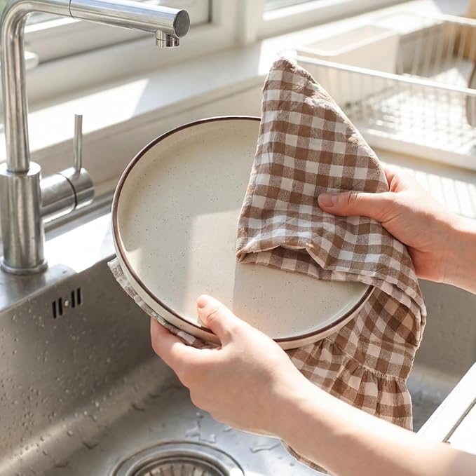 HunnmingRe Taupe Kitchen Towels Set of 2, 100% Cotton Ruffled Gingham Dish Towels 18"x28" Absorbent Tea Cloths Classic Plaid Pattern for Farmhouse Charm, Drying Dishes, Entertaining Guests