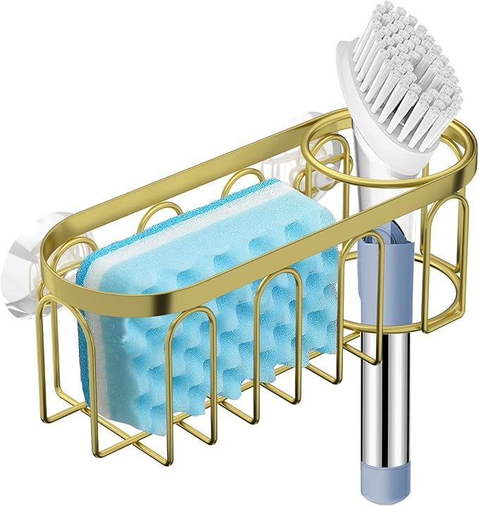 Yazoni 2-in-1 Sponge Holder for Kitchen Sink, Sink Caddy Kitchen Sink Organizer with 3 Suction Cups, No Drill Rustproof Sink Sponge Holder for Dish Brush, Soap & Sponge (Gold)