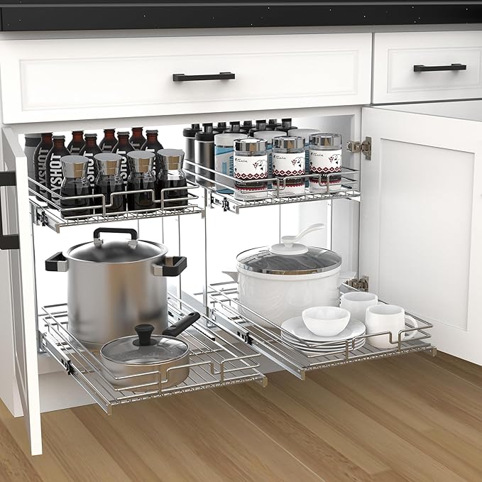 2 Tier Pull Out Cabinet Organizer, 17" W x 21" D Heavy-Duty Metal Sliding Drawer Shelf for Kitchen Cabinets, Chrome, Doesn't Include Door Fittings