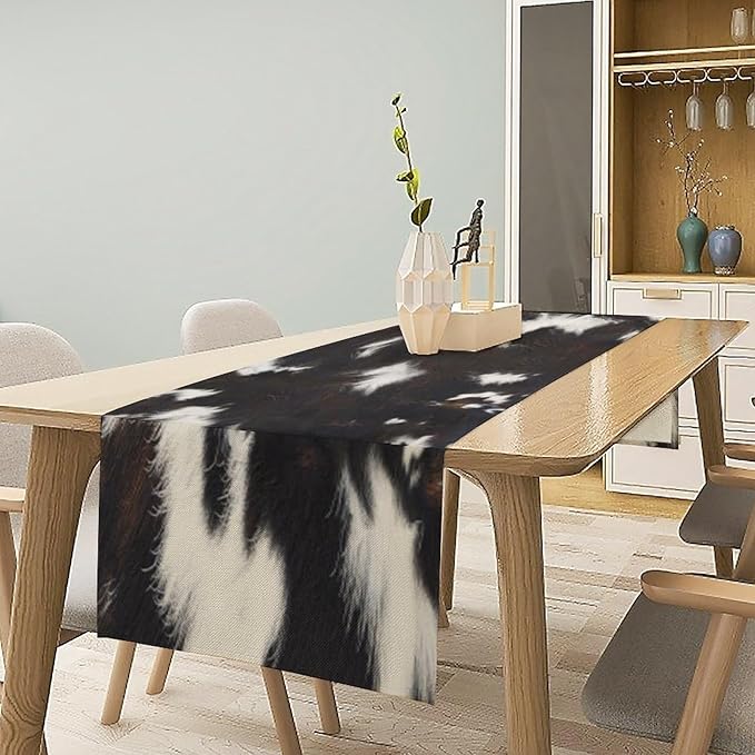 Cow Skin Print Table Runner, Rustic Country Farmhouse Animal Fur Skin Western Farm Black Brown Cowhide Print Dinner Runner Table Decoration for Home Kitchen Dining 13"x70"